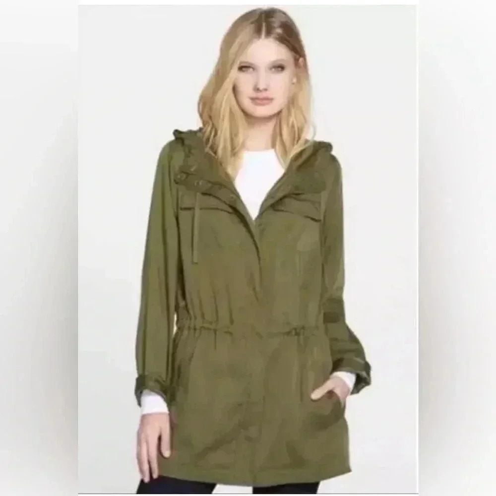 EILEEN FISHER Olive Green Tencel Zip Lined Jacket Hood Pockets Adjustable Small